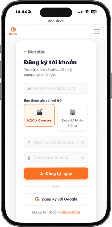 Màn hình đăng ký tài khoản RioHub trên điện thoại